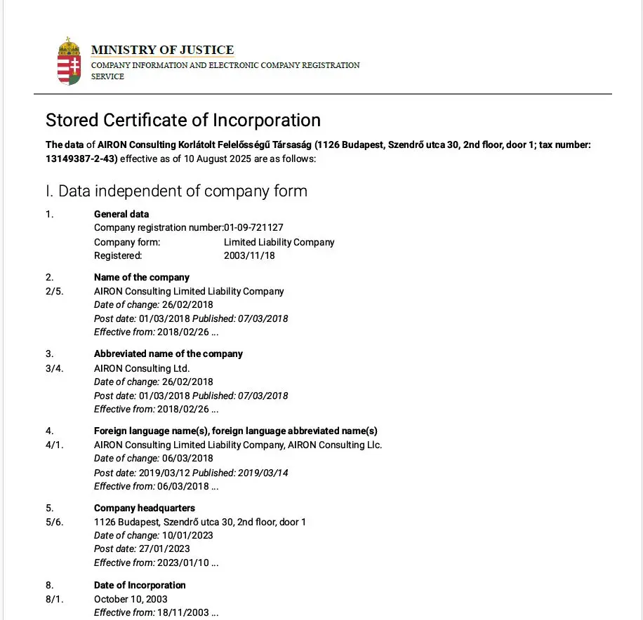 HU Extract of Company Register - certified PDF format